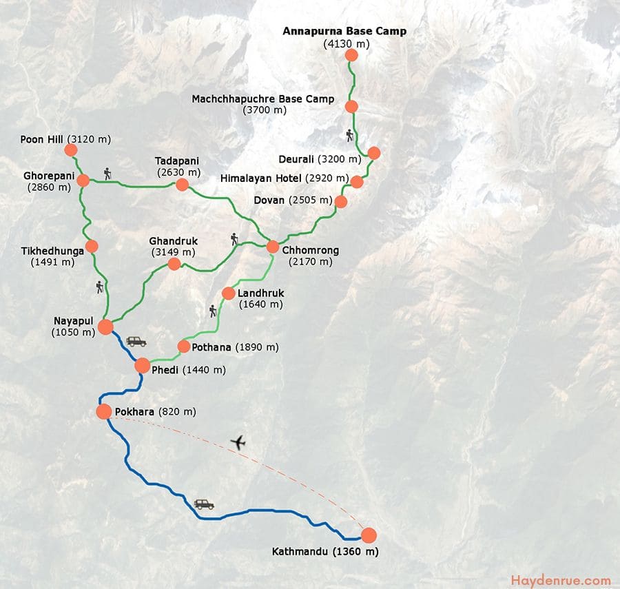 Map showing the route trekkers will take while hiking the Annapurna Base Camp Trek