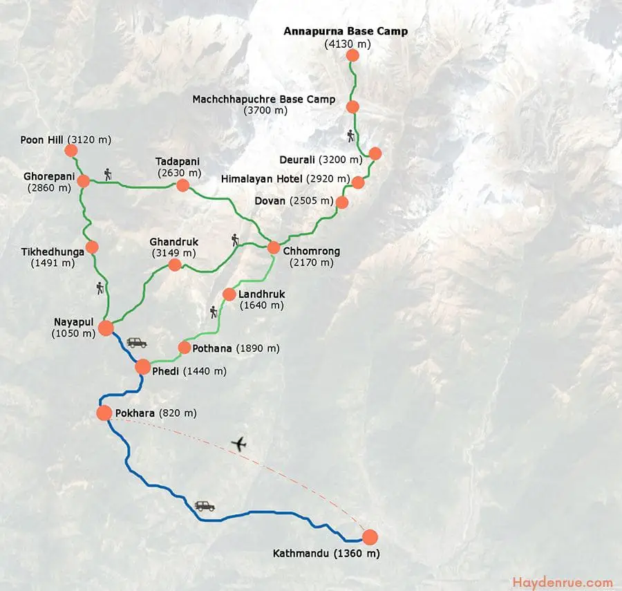 Map showing the route trekkers will take while hiking the Annapurna Base Camp Trek