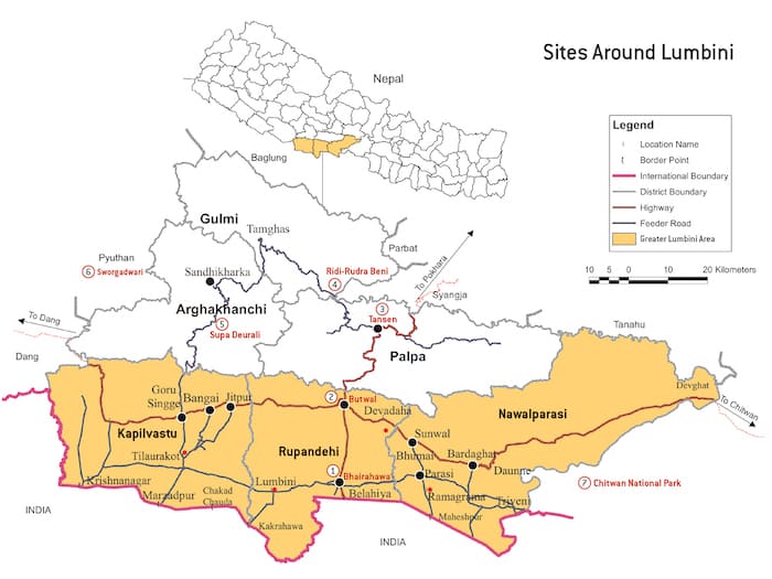 Map showing the Greater Lumbini Area in Nepal as a tourist travel guide