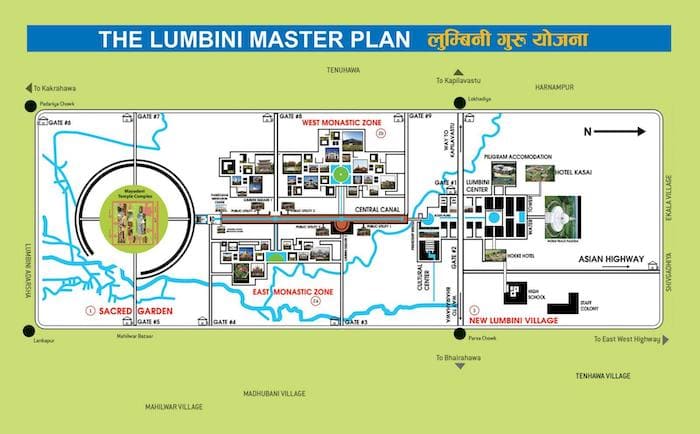 Map showing the Lumbini master plan for the Lumbini complex and travel guide