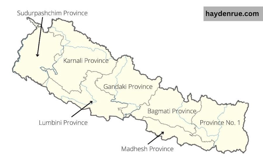 Provincial map of Nepal showing the seven different provinces and their location