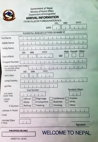 Nepal visa on arrival form