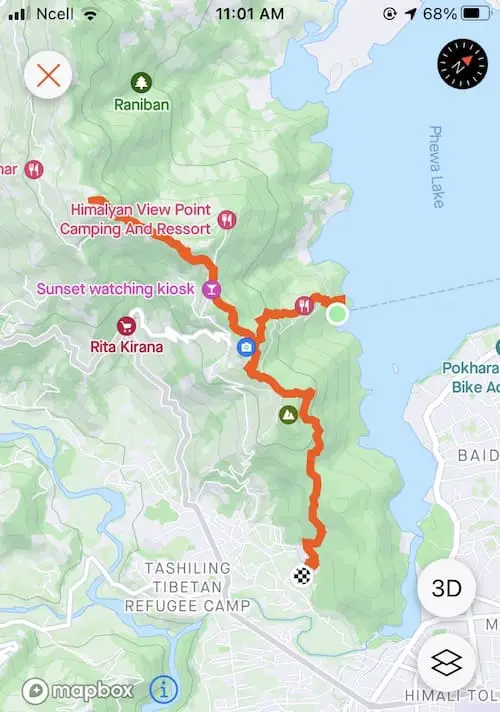Map of the Shiva Statue and Peace Pagoda hike in Pokhara