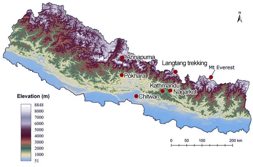 Map showing the elevation of Everest and other mountains in Nepal