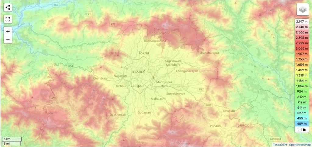 Topographic map showing the elevation of the Kathmandu Valley