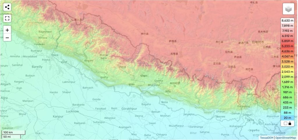 Topographic map showing the elevation of Nepal