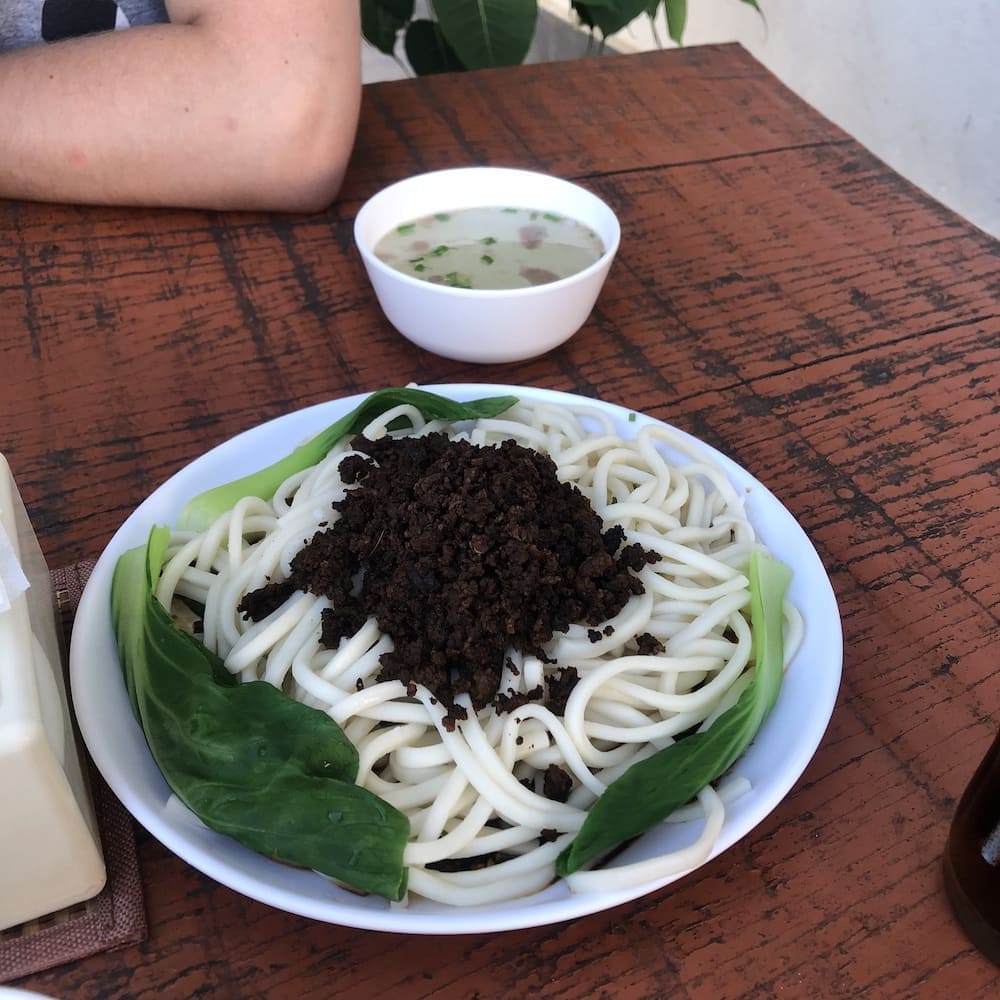 Keema Noodles with Pak Choi from Little Tibet restaurant in Pokhara