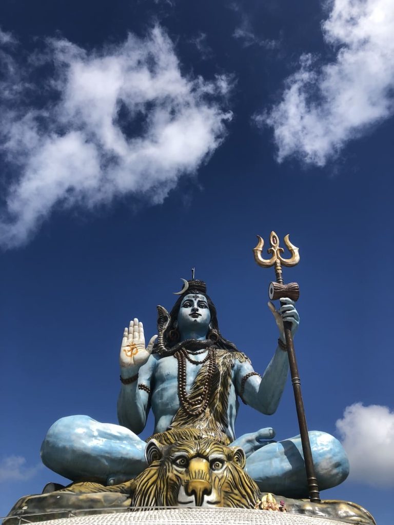 Pokhara Shiva Statue, trident, lion, blue sky