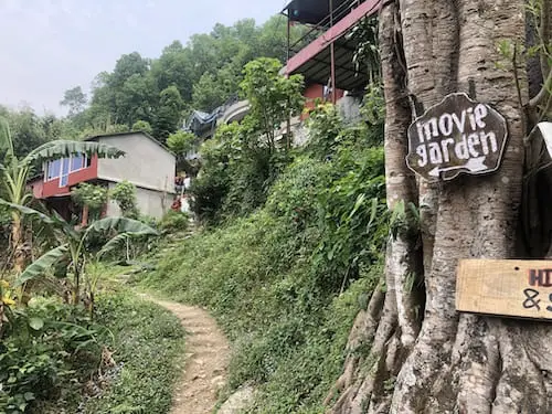 Movie Garden sign on path to movie theater in Pokhara