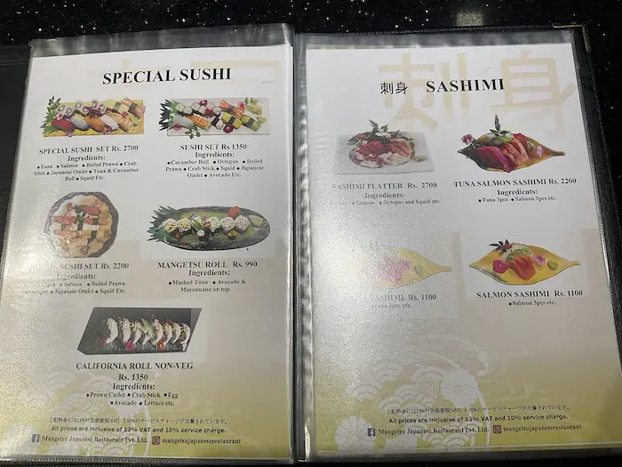Special Sushi and Sashimi Menu in Mangetsu Pokhara