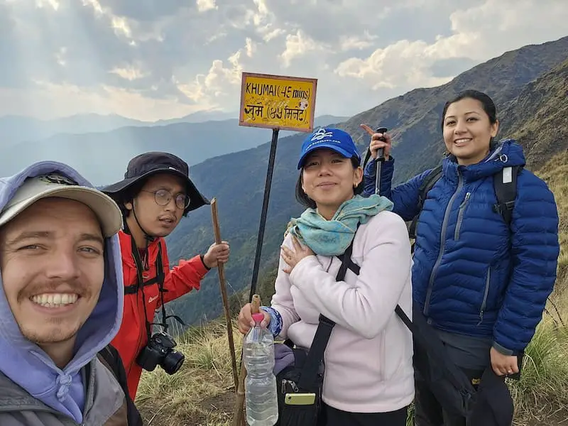 On the way to Khumai Danda, Group photo in Khumai Danda, Happy people on Khumai Danda Trek