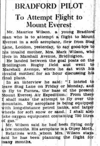 1933 News article about Maurice Wilson and Everest flight