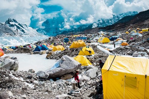 Everest base camp with trash