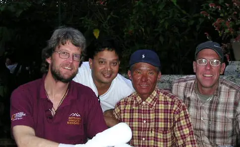 Lincoln Hall, Murari Sharma, Jangbu Sherpa, Dan Mazur after Hall’s rescue in Kathmandu