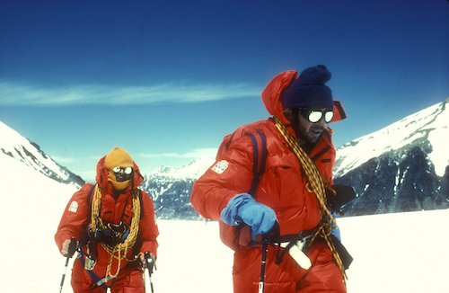 Pete and Joe on the Rongbuk glacier on Everest 1982