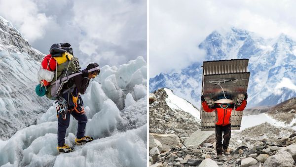 Sherpas on Mt Everest Porters, sherpas carrying gear